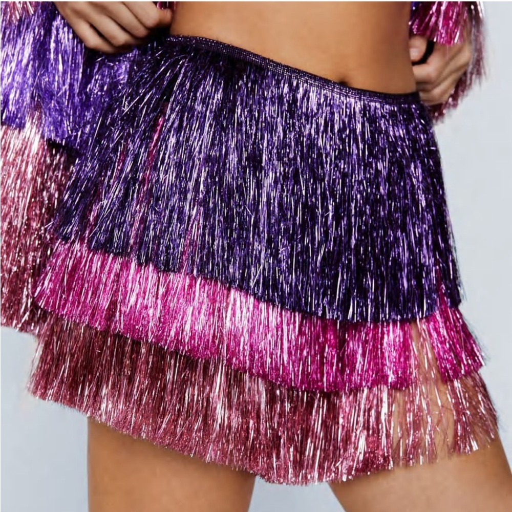 nasty gal “multicolored high waisted tinsel fringe shorts”